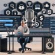 Erfahrener Podcaster in modernem Studio mit Mischpult, Laptop, Mikrofonen, Kopfhörern, sichtbaren Podcast-Einstellungen und Sonos-Lautsprecher im Hintergrund