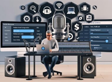 Erfahrener Podcaster in modernem Studio mit Mischpult, Laptop, Mikrofonen, Kopfhörern, sichtbaren Podcast-Einstellungen und Sonos-Lautsprecher im Hintergrund