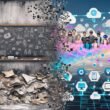 Vergleich zwischen traditioneller Schule mit Kreidetafel und moderner digitaler Lernumgebung mit Jugendlichen, VR-Headsets und interaktiven Technologien.
