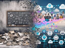 Vergleich zwischen traditioneller Schule mit Kreidetafel und moderner digitaler Lernumgebung mit Jugendlichen, VR-Headsets und interaktiven Technologien.