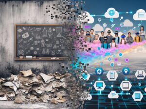 Vergleich zwischen traditioneller Schule mit Kreidetafel und moderner digitaler Lernumgebung mit Jugendlichen, VR-Headsets und interaktiven Technologien.