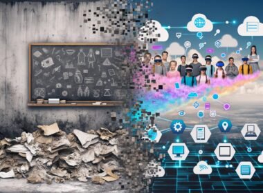 Vergleich zwischen traditioneller Schule mit Kreidetafel und moderner digitaler Lernumgebung mit Jugendlichen, VR-Headsets und interaktiven Technologien.