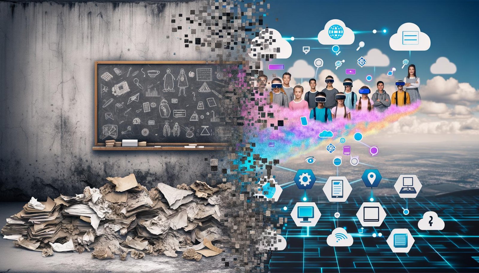 Vergleich zwischen traditioneller Schule mit Kreidetafel und moderner digitaler Lernumgebung mit Jugendlichen, VR-Headsets und interaktiven Technologien.