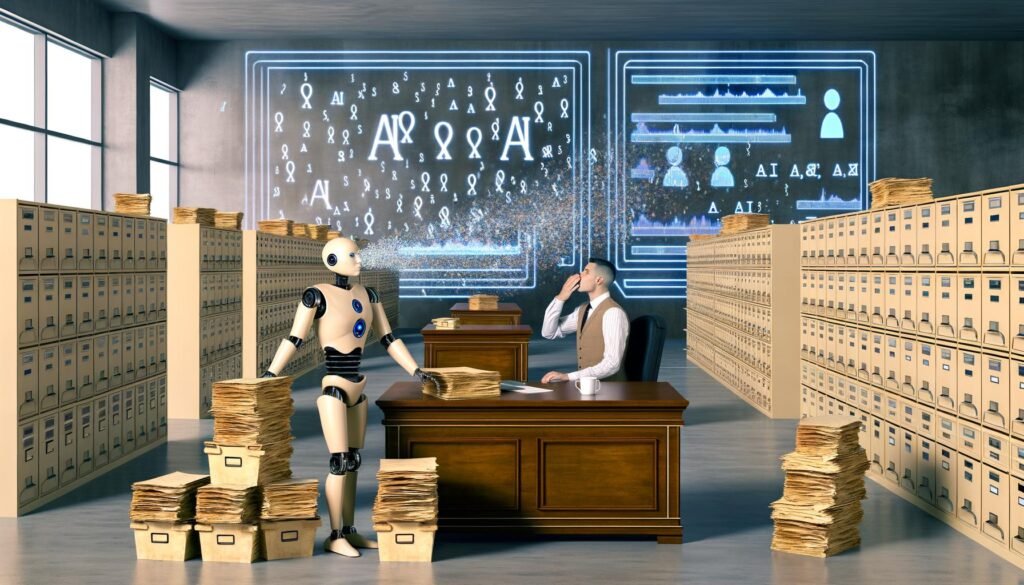 Humanoider Roboter im Anzug arbeitet konzentriert hinter einem Holzschreibtisch im modernen Amtszimmer, umgeben von Papierakten, digitalen Symbolen und hustendem Beamten.