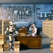 Humanoider Roboter im Anzug arbeitet konzentriert hinter einem Holzschreibtisch im modernen Amtszimmer, umgeben von Papierakten, digitalen Symbolen und hustendem Beamten.