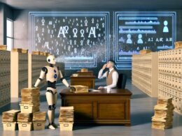 Humanoider Roboter im Anzug arbeitet konzentriert hinter einem Holzschreibtisch im modernen Amtszimmer, umgeben von Papierakten, digitalen Symbolen und hustendem Beamten.
