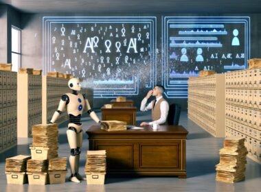 Humanoider Roboter im Anzug arbeitet konzentriert hinter einem Holzschreibtisch im modernen Amtszimmer, umgeben von Papierakten, digitalen Symbolen und hustendem Beamten.