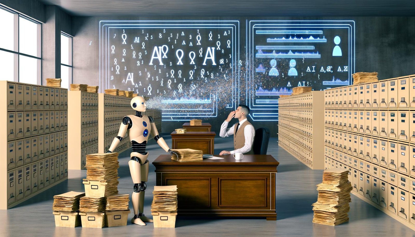 Humanoider Roboter im Anzug arbeitet konzentriert hinter einem Holzschreibtisch im modernen Amtszimmer, umgeben von Papierakten, digitalen Symbolen und hustendem Beamten.
