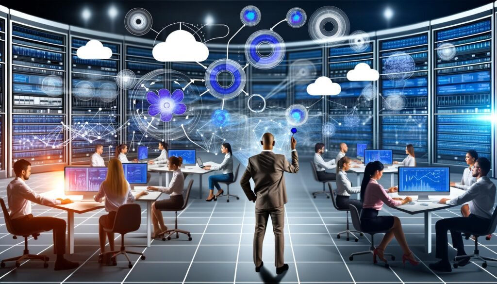 Marketer steuern an großen Bildschirmen komplexe Daten-Dashboards und digitale Datenströme in einem modernen Büro mit vernetzten Systemen und Cloud-Integrationen.