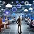 Marketer steuern an großen Bildschirmen komplexe Daten-Dashboards und digitale Datenströme in einem modernen Büro mit vernetzten Systemen und Cloud-Integrationen.