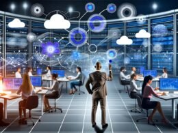 Marketer steuern an großen Bildschirmen komplexe Daten-Dashboards und digitale Datenströme in einem modernen Büro mit vernetzten Systemen und Cloud-Integrationen.