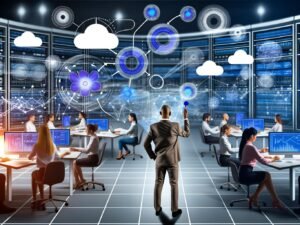 Marketer steuern an großen Bildschirmen komplexe Daten-Dashboards und digitale Datenströme in einem modernen Büro mit vernetzten Systemen und Cloud-Integrationen.