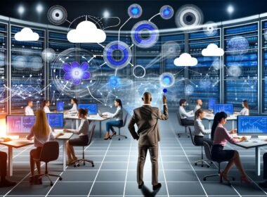Marketer steuern an großen Bildschirmen komplexe Daten-Dashboards und digitale Datenströme in einem modernen Büro mit vernetzten Systemen und Cloud-Integrationen.