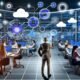 Marketer steuern an großen Bildschirmen komplexe Daten-Dashboards und digitale Datenströme in einem modernen Büro mit vernetzten Systemen und Cloud-Integrationen.