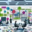 Modernes, helles Büro mit Mitarbeitern an Laptops, chaotischen Excel-Listen im Vordergrund und digitalem Workflow mit Tools wie Google Analytics, Data Warehouse und BI im Hintergrund.
