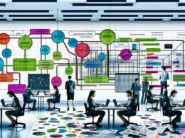 Modernes, helles Büro mit Mitarbeitern an Laptops, chaotischen Excel-Listen im Vordergrund und digitalem Workflow mit Tools wie Google Analytics, Data Warehouse und BI im Hintergrund.