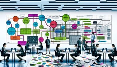 Modernes, helles Büro mit Mitarbeitern an Laptops, chaotischen Excel-Listen im Vordergrund und digitalem Workflow mit Tools wie Google Analytics, Data Warehouse und BI im Hintergrund.