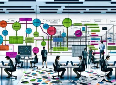 Modernes, helles Büro mit Mitarbeitern an Laptops, chaotischen Excel-Listen im Vordergrund und digitalem Workflow mit Tools wie Google Analytics, Data Warehouse und BI im Hintergrund.