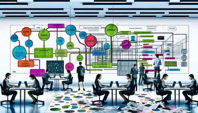 Modernes, helles Büro mit Mitarbeitern an Laptops, chaotischen Excel-Listen im Vordergrund und digitalem Workflow mit Tools wie Google Analytics, Data Warehouse und BI im Hintergrund.