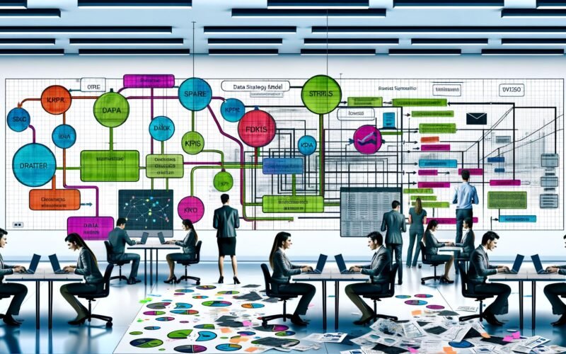 Modernes, helles Büro mit Mitarbeitern an Laptops, chaotischen Excel-Listen im Vordergrund und digitalem Workflow mit Tools wie Google Analytics, Data Warehouse und BI im Hintergrund.