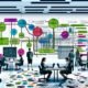 Modernes, helles Büro mit Mitarbeitern an Laptops, chaotischen Excel-Listen im Vordergrund und digitalem Workflow mit Tools wie Google Analytics, Data Warehouse und BI im Hintergrund.