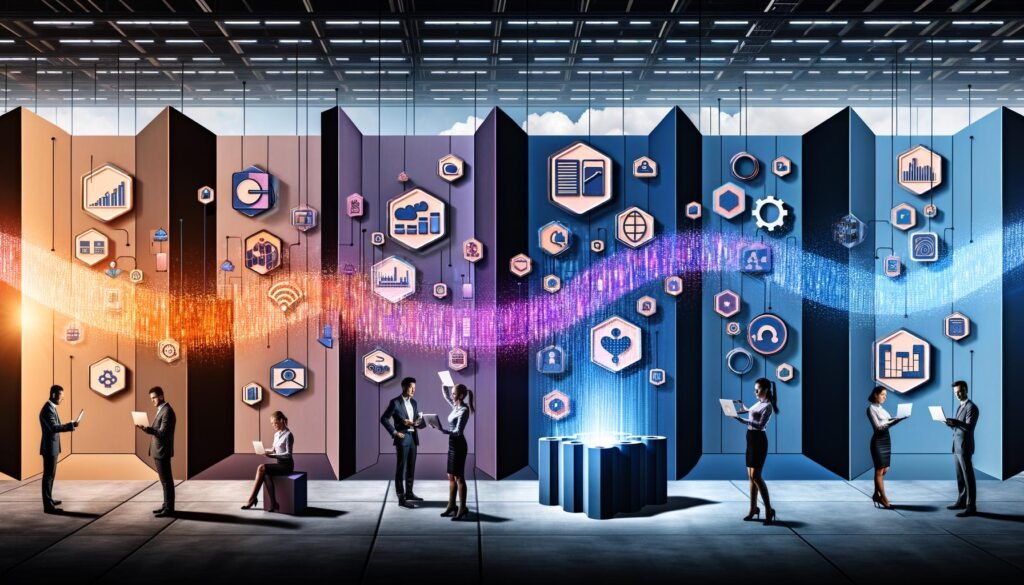 Infografik zeigt ein leuchtendes Netzwerkband durch eine stylisierte Fabrikhalle mit symbolischen Säulen für Datengewinnung, Integration, Qualität und Verwertung, Menschen arbeiten gemeinsam mit Laptops und Tablets, umgeben von holografischen KI- und Datenelementen.