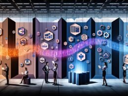 Infografik zeigt ein leuchtendes Netzwerkband durch eine stylisierte Fabrikhalle mit symbolischen Säulen für Datengewinnung, Integration, Qualität und Verwertung, Menschen arbeiten gemeinsam mit Laptops und Tablets, umgeben von holografischen KI- und Datenelementen.