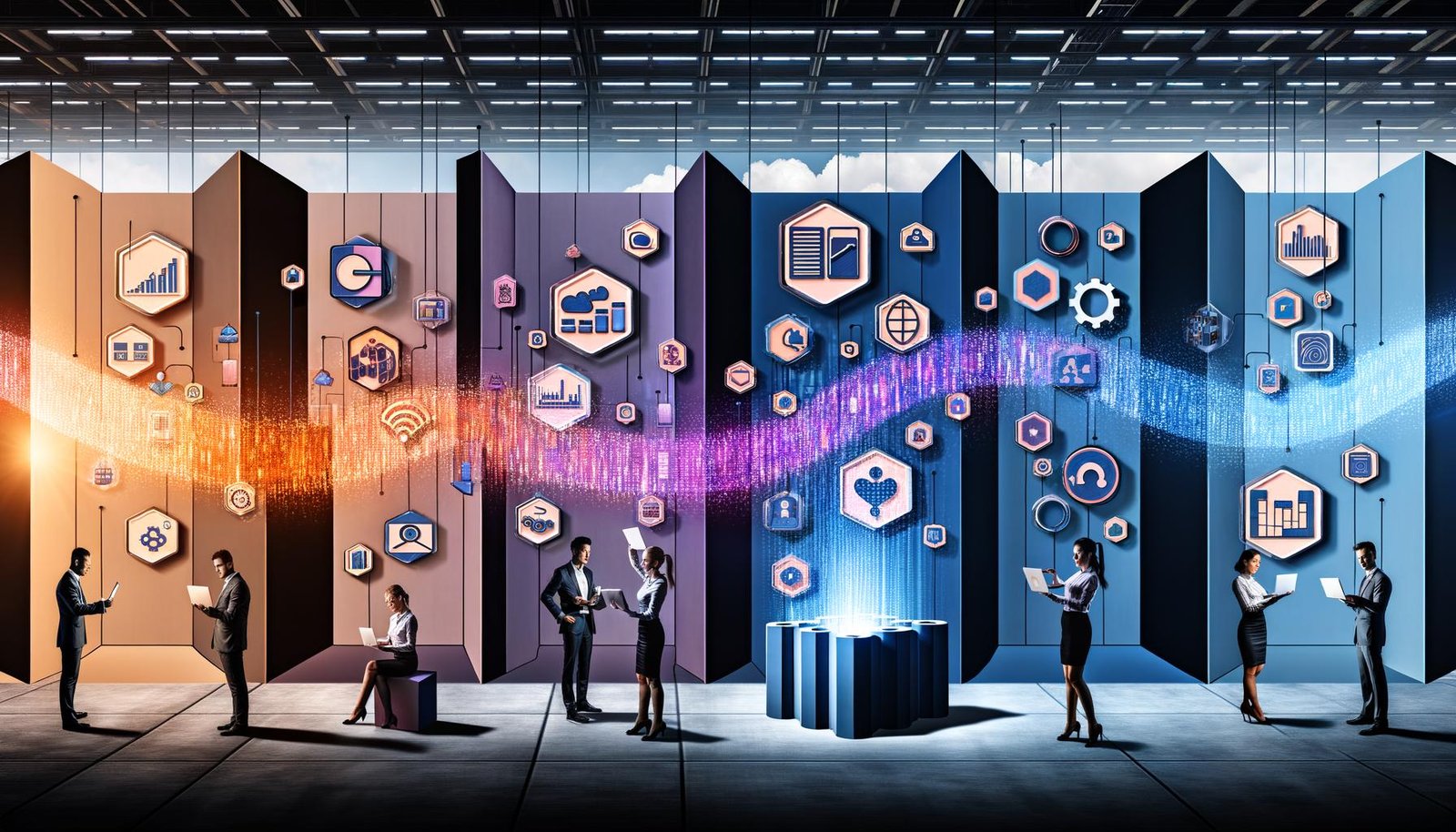 Infografik zeigt ein leuchtendes Netzwerkband durch eine stylisierte Fabrikhalle mit symbolischen Säulen für Datengewinnung, Integration, Qualität und Verwertung, Menschen arbeiten gemeinsam mit Laptops und Tablets, umgeben von holografischen KI- und Datenelementen.