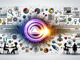 Moderne Workflow-Illustration zeigt zentrale Marken-Ikone, kreative und analytische Elemente, stilisierte Personen mit Computern, Datenflüsse, Dashboards und Content-Kalender in urbanem Stil.