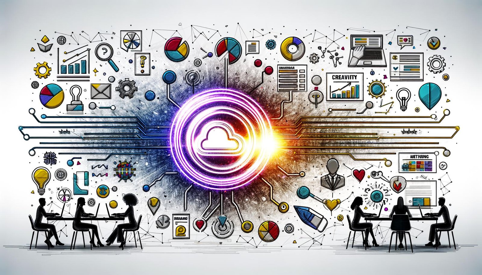 Moderne Workflow-Illustration zeigt zentrale Marken-Ikone, kreative und analytische Elemente, stilisierte Personen mit Computern, Datenflüsse, Dashboards und Content-Kalender in urbanem Stil.