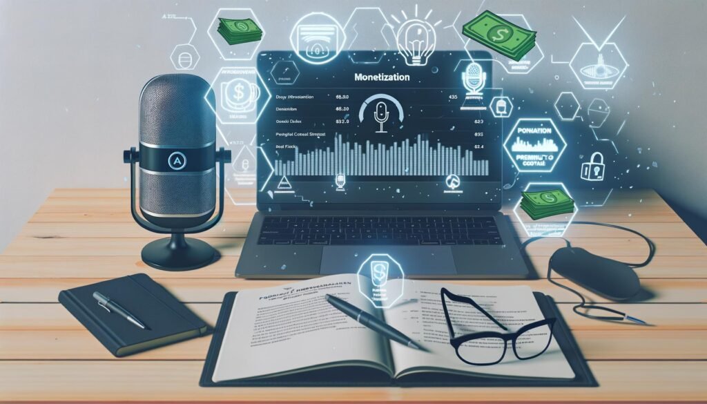 Moderner Podcast-Arbeitsplatz mit Laptop, Sonos-Lautsprecher, Mikrofon, Notizbuch mit Strategien und digitalen Monetarisierungssymbolen.