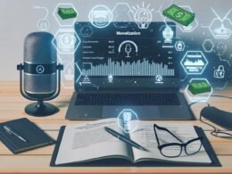 Moderner Podcast-Arbeitsplatz mit Laptop, Sonos-Lautsprecher, Mikrofon, Notizbuch mit Strategien und digitalen Monetarisierungssymbolen.