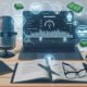 Moderner Podcast-Arbeitsplatz mit Laptop, Sonos-Lautsprecher, Mikrofon, Notizbuch mit Strategien und digitalen Monetarisierungssymbolen.