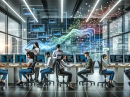 Junge Fachkräfte in modernem Büro, arbeiten an Datendashboards, Code und Workflow-Diagrammen vor digitalen Datenflüssen und Netzwerk-Visualisierungen
