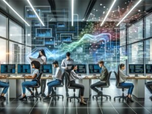 Junge Fachkräfte in modernem Büro, arbeiten an Datendashboards, Code und Workflow-Diagrammen vor digitalen Datenflüssen und Netzwerk-Visualisierungen