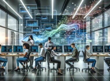 Junge Fachkräfte in modernem Büro, arbeiten an Datendashboards, Code und Workflow-Diagrammen vor digitalen Datenflüssen und Netzwerk-Visualisierungen