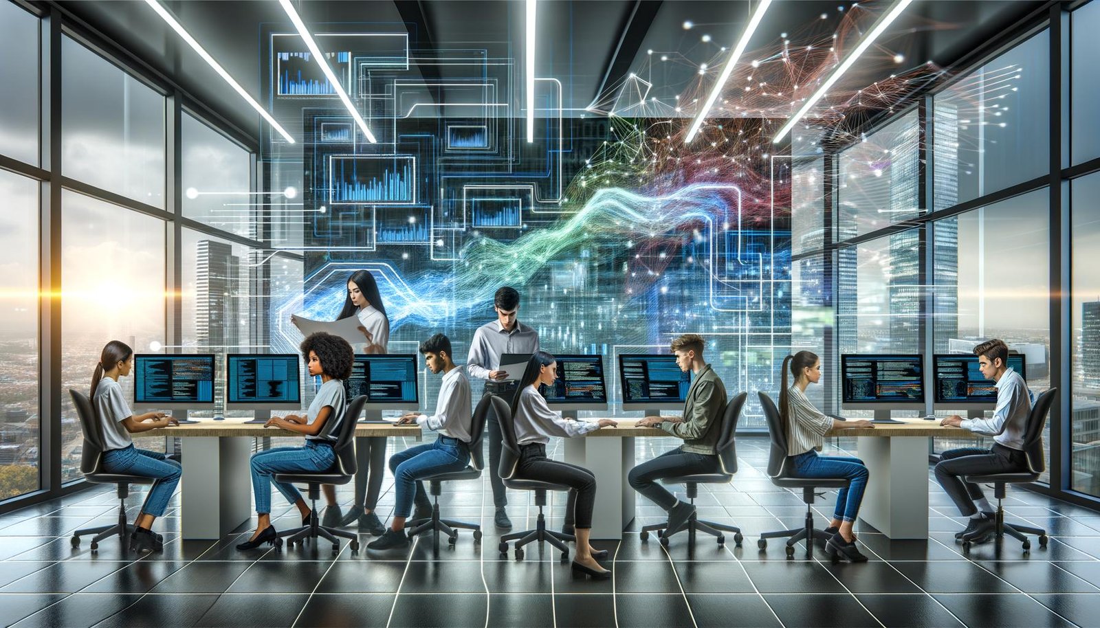 Junge Fachkräfte in modernem Büro, arbeiten an Datendashboards, Code und Workflow-Diagrammen vor digitalen Datenflüssen und Netzwerk-Visualisierungen