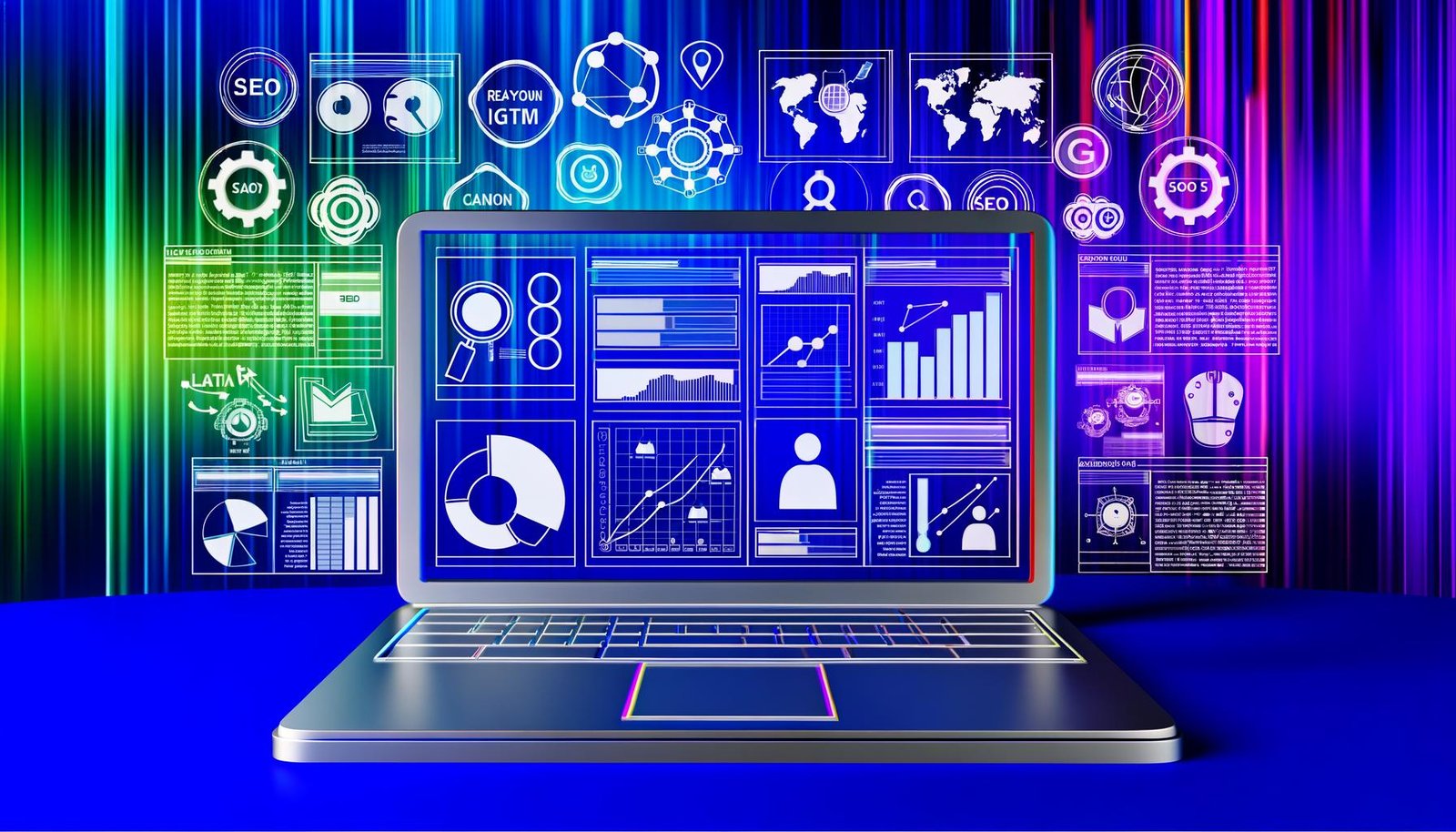 Laptop-Bildschirm mit digitalen Analyse-Dashboards, Heatmaps und Keyword-Listen, umgeben von SEO-Begriffen und Content-Icons auf modernem Hintergrund.