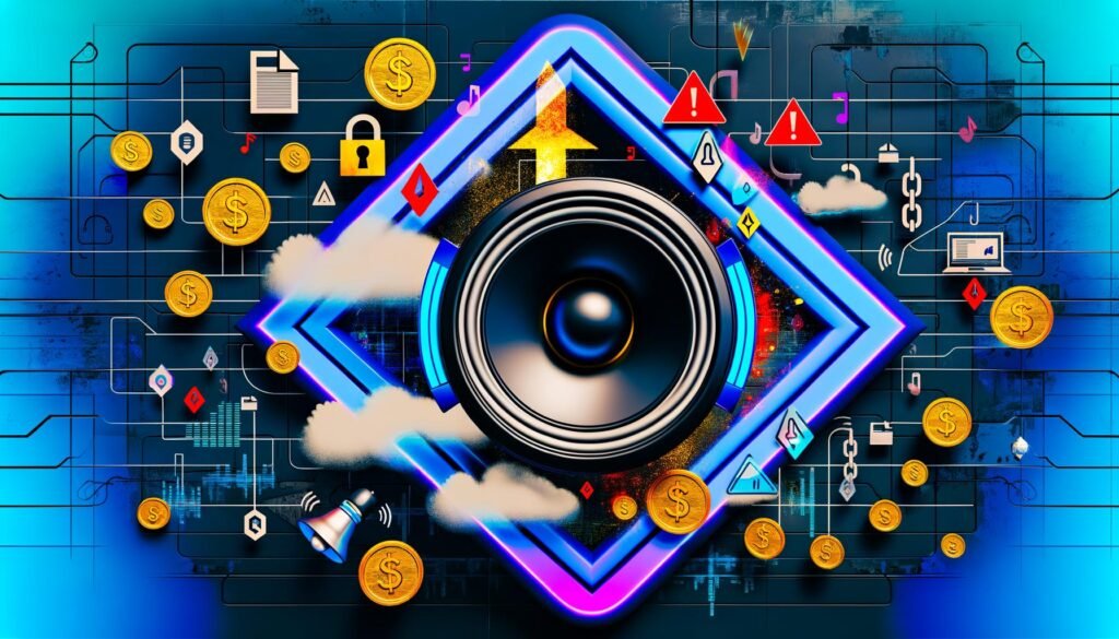 Dynamische digitale Collage mit Sonos-Lautsprecher, Podcast-Symbolen, Münzen, Warnzeichen und juristischen Dokumenten vor futuristischem Hintergrund – Symbol für Chancen und Gefahren im Audio-Marketing.