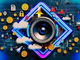Dynamische digitale Collage mit Sonos-Lautsprecher, Podcast-Symbolen, Münzen, Warnzeichen und juristischen Dokumenten vor futuristischem Hintergrund – Symbol für Chancen und Gefahren im Audio-Marketing.