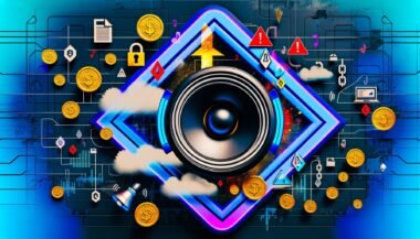 Dynamische digitale Collage mit Sonos-Lautsprecher, Podcast-Symbolen, Münzen, Warnzeichen und juristischen Dokumenten vor futuristischem Hintergrund – Symbol für Chancen und Gefahren im Audio-Marketing.