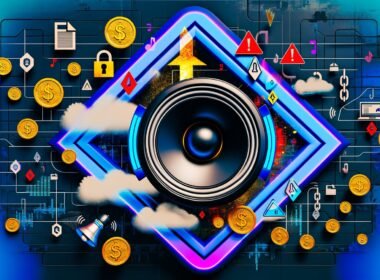 Dynamische digitale Collage mit Sonos-Lautsprecher, Podcast-Symbolen, Münzen, Warnzeichen und juristischen Dokumenten vor futuristischem Hintergrund – Symbol für Chancen und Gefahren im Audio-Marketing.