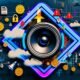 Dynamische digitale Collage mit Sonos-Lautsprecher, Podcast-Symbolen, Münzen, Warnzeichen und juristischen Dokumenten vor futuristischem Hintergrund – Symbol für Chancen und Gefahren im Audio-Marketing.