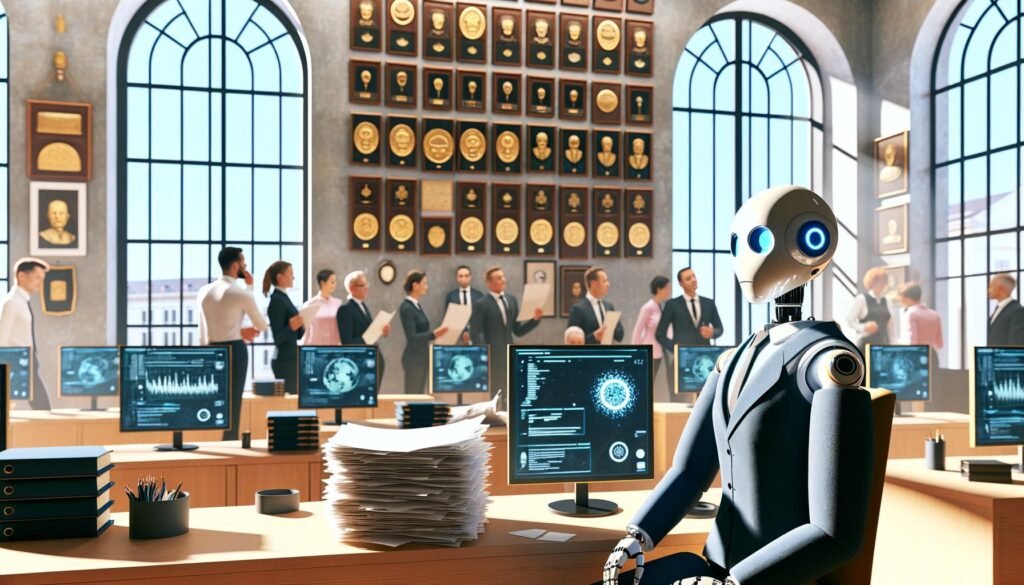 Moderner Büroraum einer deutschen Behörde mit humanoidem Roboter im Business-Outfit am Schreibtisch, umgeben von Papierstapeln, Monitoren mit Datenvisualisierungen und Chatbot-Fenstern sowie Menschen im Hintergrund.