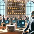Moderner Büroraum einer deutschen Behörde mit humanoidem Roboter im Business-Outfit am Schreibtisch, umgeben von Papierstapeln, Monitoren mit Datenvisualisierungen und Chatbot-Fenstern sowie Menschen im Hintergrund.