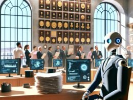 Moderner Büroraum einer deutschen Behörde mit humanoidem Roboter im Business-Outfit am Schreibtisch, umgeben von Papierstapeln, Monitoren mit Datenvisualisierungen und Chatbot-Fenstern sowie Menschen im Hintergrund.
