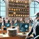 Moderner Büroraum einer deutschen Behörde mit humanoidem Roboter im Business-Outfit am Schreibtisch, umgeben von Papierstapeln, Monitoren mit Datenvisualisierungen und Chatbot-Fenstern sowie Menschen im Hintergrund.