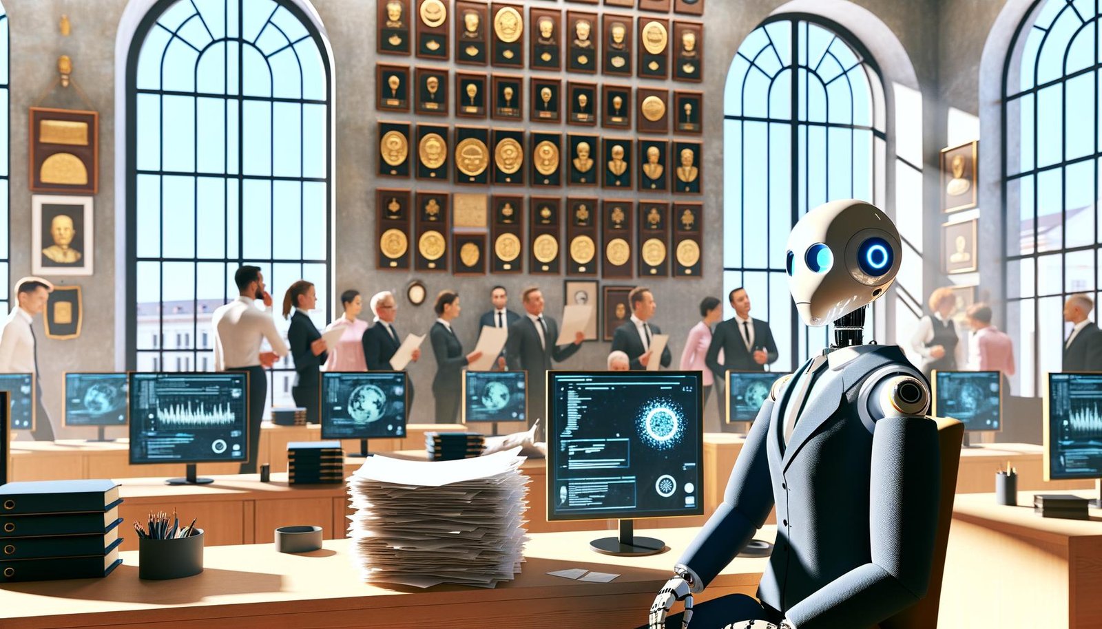 Moderner Büroraum einer deutschen Behörde mit humanoidem Roboter im Business-Outfit am Schreibtisch, umgeben von Papierstapeln, Monitoren mit Datenvisualisierungen und Chatbot-Fenstern sowie Menschen im Hintergrund.
