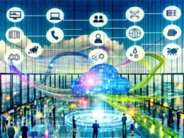 Visionäre Datenlandschaft in einer modernen Firmenzentrale mit zentraler, leuchtender Datenplattform, digitalen Datenströmen, verbundenen Abteilungen, schwebenden Icons für ETL, Analytics, KI, Data Governance und Security sowie Managern und Data Scientists mit Tablets und Hologrammen