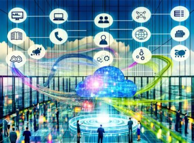 Visionäre Datenlandschaft in einer modernen Firmenzentrale mit zentraler, leuchtender Datenplattform, digitalen Datenströmen, verbundenen Abteilungen, schwebenden Icons für ETL, Analytics, KI, Data Governance und Security sowie Managern und Data Scientists mit Tablets und Hologrammen
